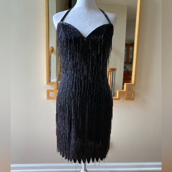 🪩 Vintage Cache Black Silk Dangle Sequin Halter Dress sz 2 - Picture 1 of 16